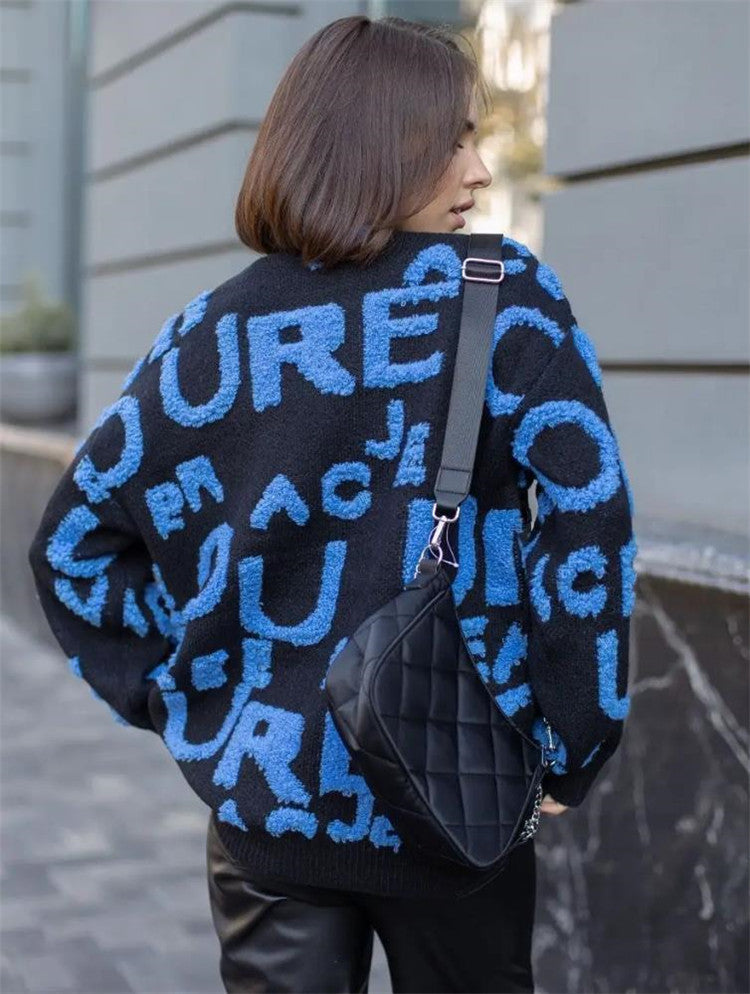 Street-wave Womens Oversized Knit Sweater With Bold Lettering For Casual Chic Comfort