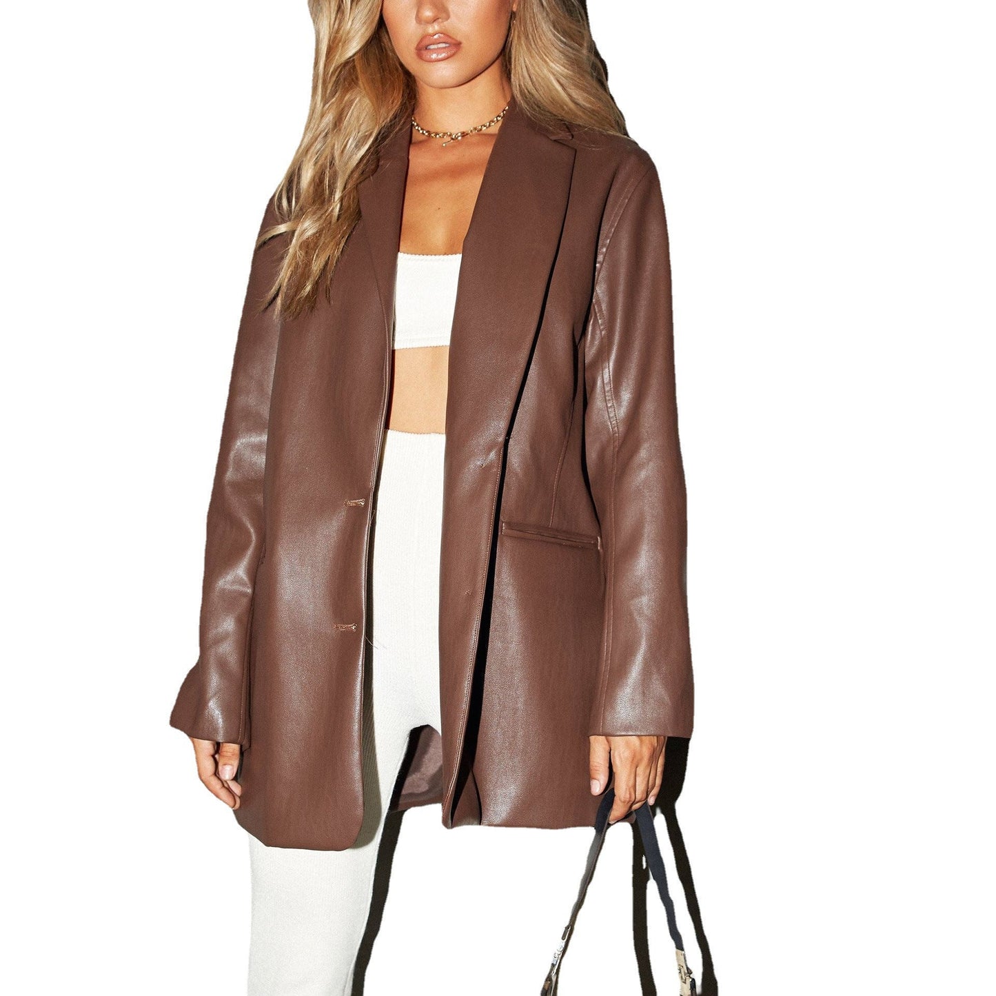 Street-Wave Womens Oversized Faux Leather Blazer Chic Elegant Coat For Fashion Forward Women