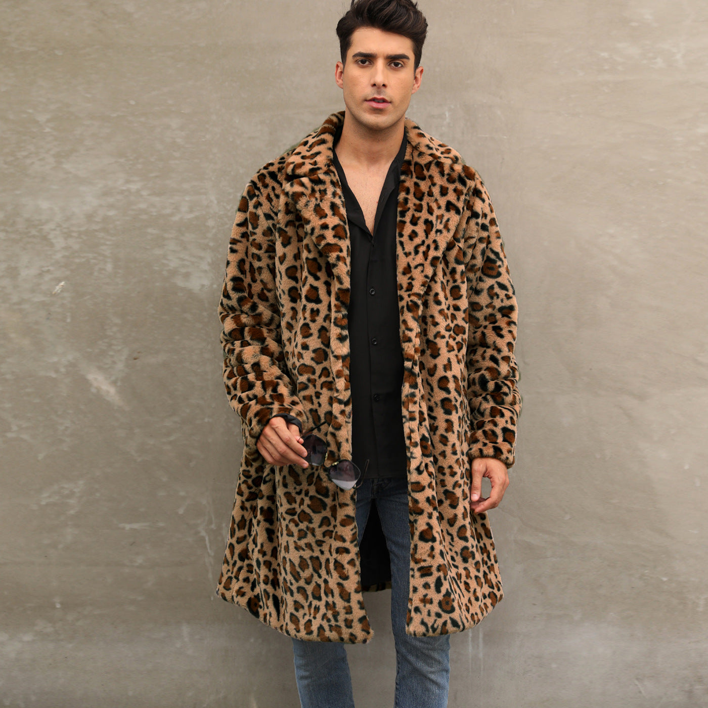 Street Wave Mens Leopard Faux Fur Coat Luxurious Soft Warmth Fashionable Outerwear