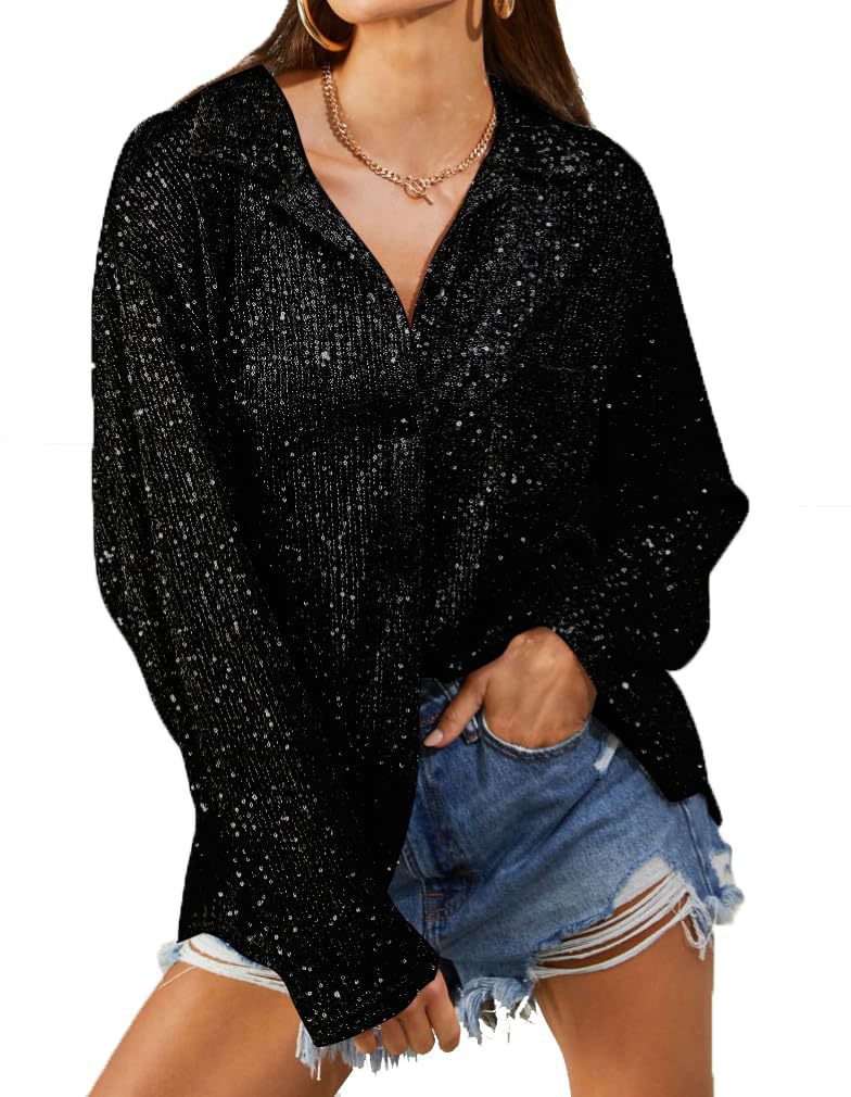 Glittery Oversized Blouse Street-wave for Fashion-Forward Women Relaxed Fit Casual-Chic