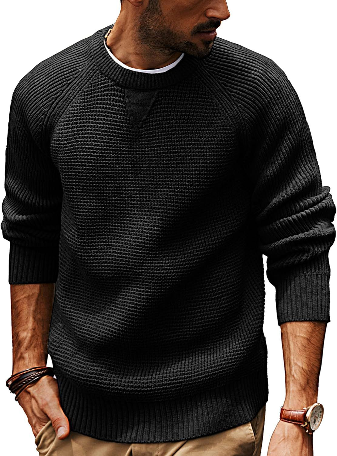 Street-Wave Men Casual Knit Sweater With Textured Weave Crew Neck Stylish Comfortable Everyday Style