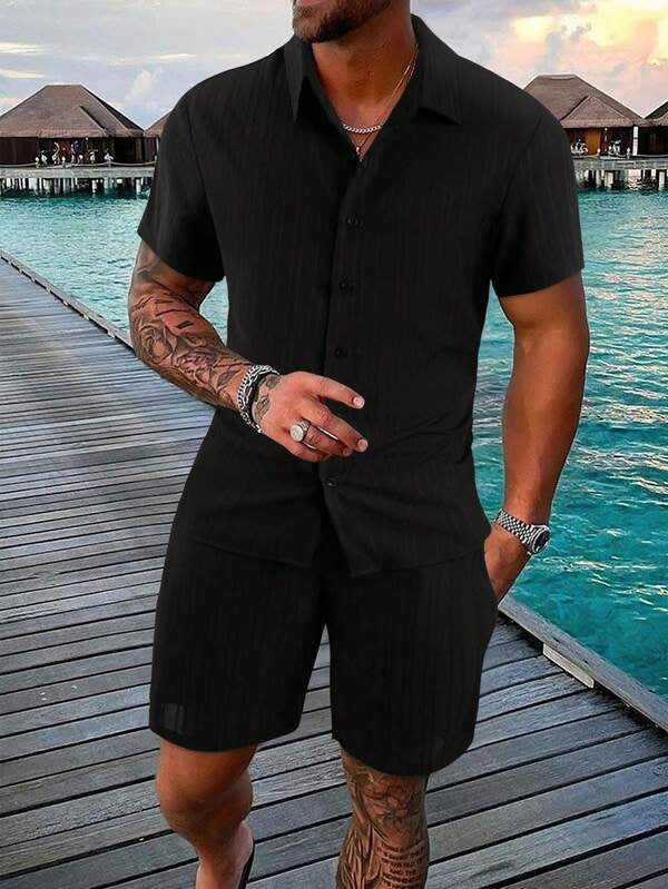 Street-Wave Mens Casual Cotton-Blend Shirt And Shorts Set Relaxed Fit Summer