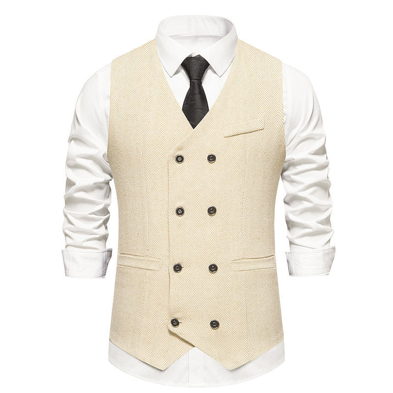 Streetwave Herringbone Waistcoat Mens Elegant Formal Wear Double Breasted Six Button Front