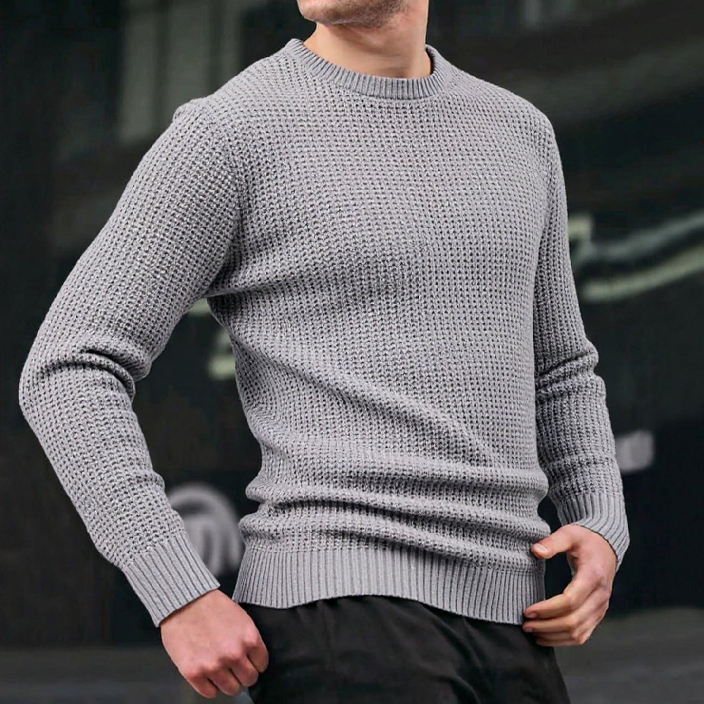 Streetwave Black Waffle Knit Sweater For Men Relaxed Fit Textured Knit Casual Style