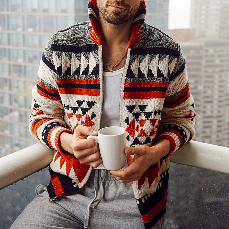 Street-Wave Men's Geometric Pattern Knit Cardigan With High Collar For Cozy Winter Style