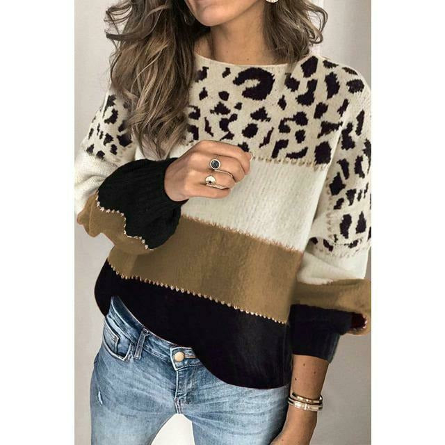 Street-wave Leopard Patchwork Knit Pullover For Women Cozy Warmth And Color Block Autumn Style