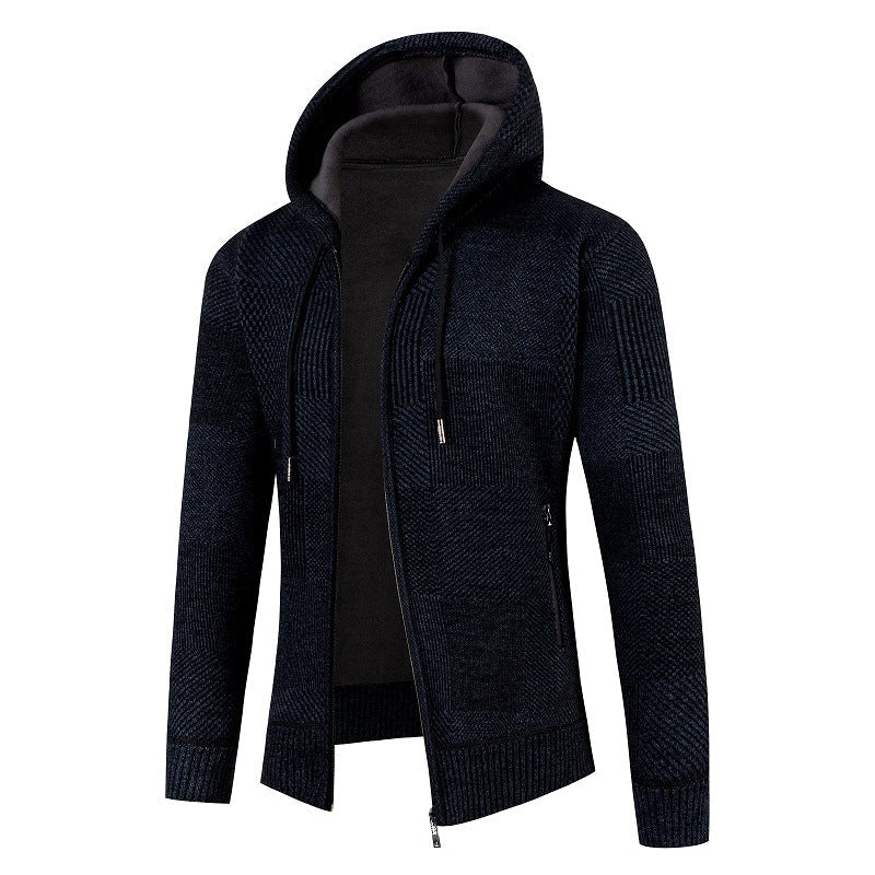 Street-wave Men's Knit Cardigan With Lined Hood And Waffle Pattern For Everyday Cozy Wear