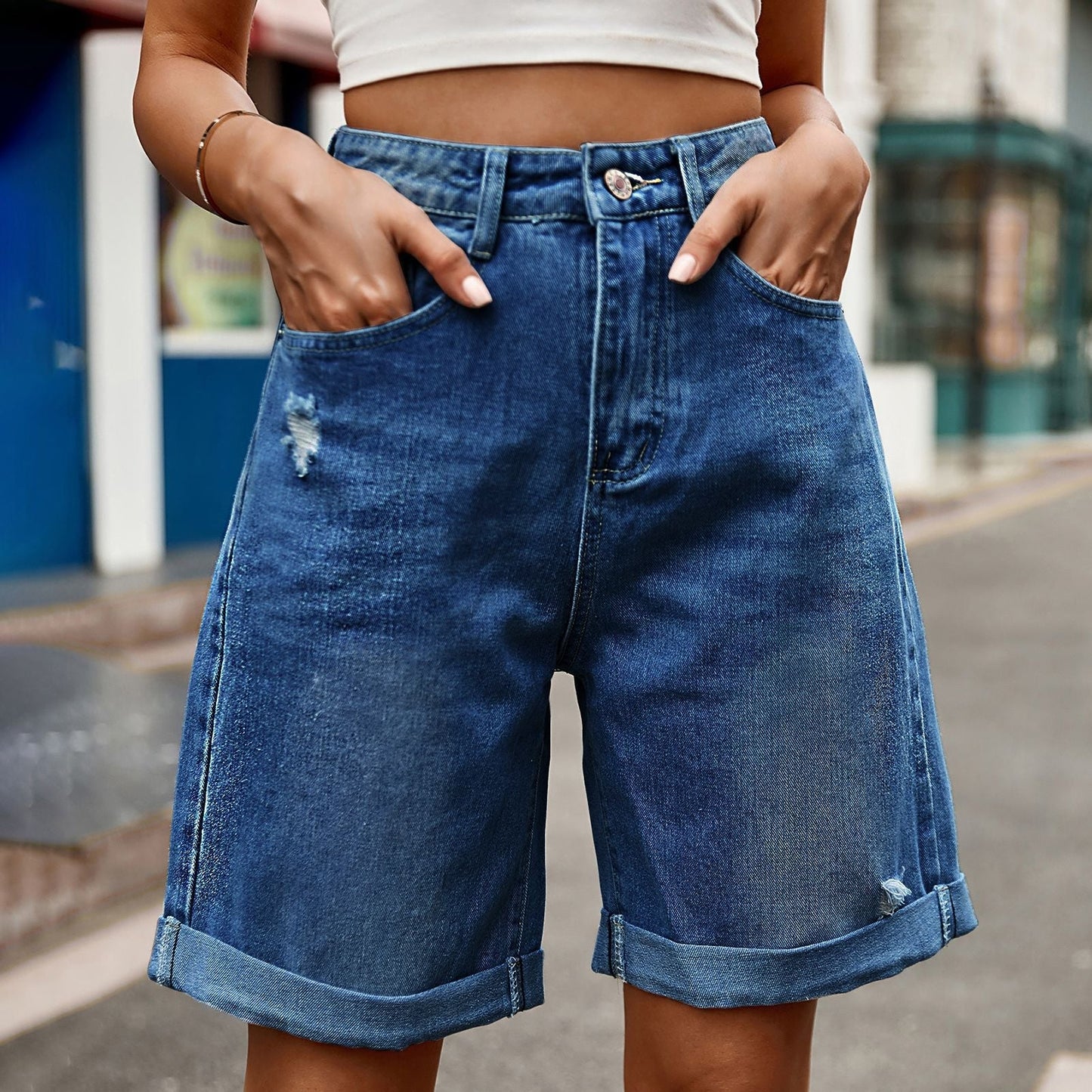 Streetwave Women Denim Shorts With Rolled Hem Relaxed Fit For Casual Summer Comfort