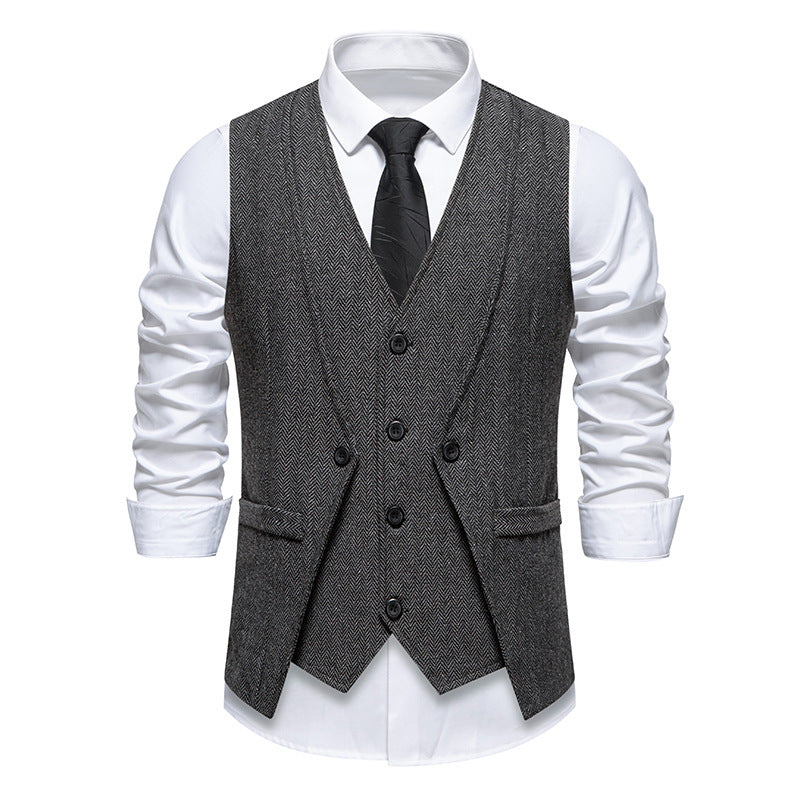 Street-Wave Herringbone Waistcoat For Men With Pockets Elegant Suit Vest For Formal Events