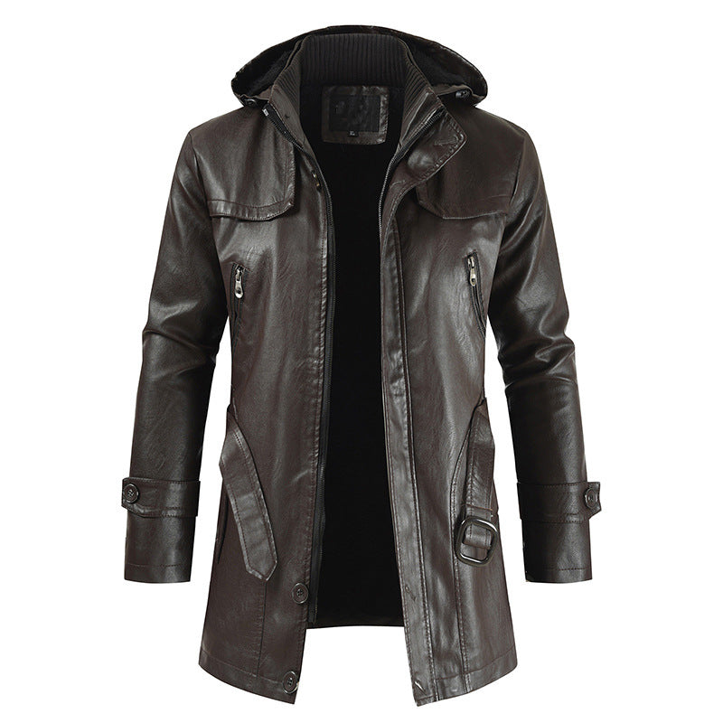 Street-wave Men's Hooded Leather Jacket Durable Style For Men With Zip Pockets Weatherproof Exterior