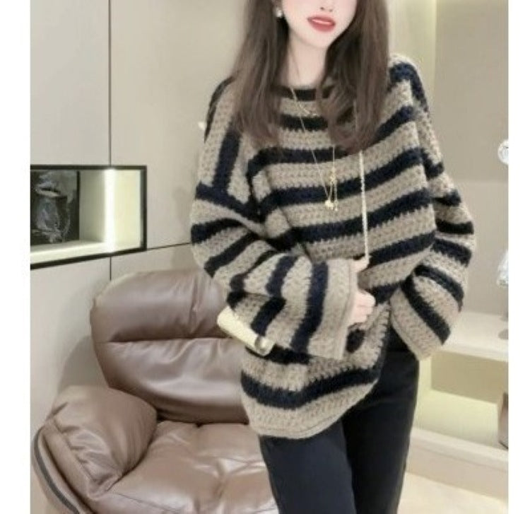 Streetwave Womens Chunky Knit Sweater With Striped Pattern And Voluminous Sleeves