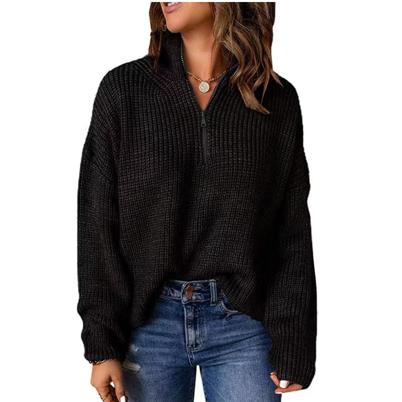 Street-wave Women Knit Pullover With Short Zipper Cozy Warm Olive Green Sweater Top Relaxed Fit