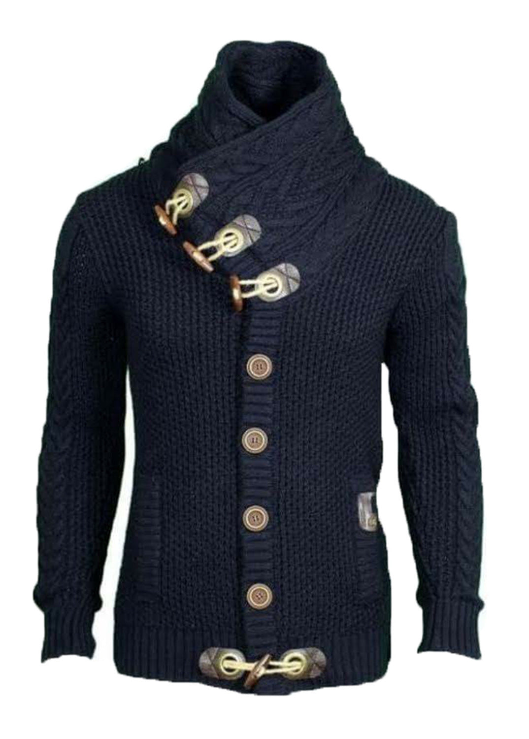 Street-wave Men's Knit Cardigan With Asymmetric Collar And Rustic Wood Button Details