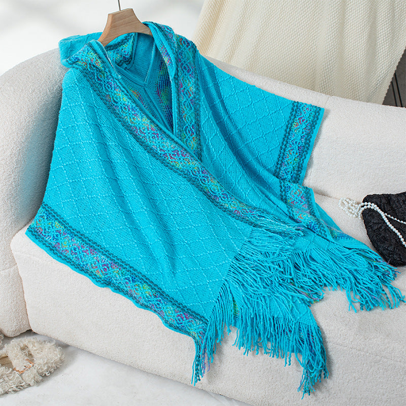 Womens Poncho Street-Wave Elegant Luxurious Knit With Fringe Detailing For Stylish Women