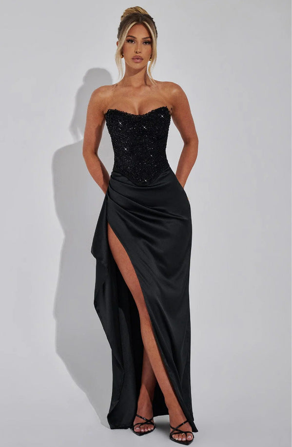 Street Wave Glamorous Elegant Evening Gown With Shimmering Bodice And High Slit For Women