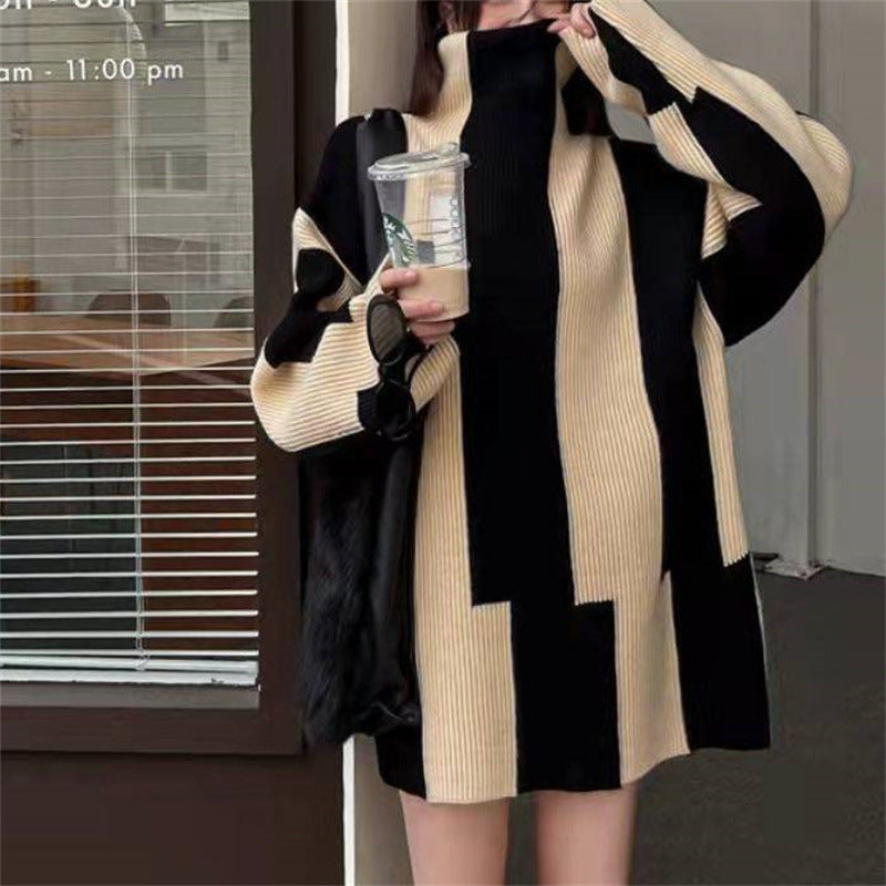 Streetwave Oversized Knit Dress With High Collar And Graphic Pattern For Women Cozy Chic