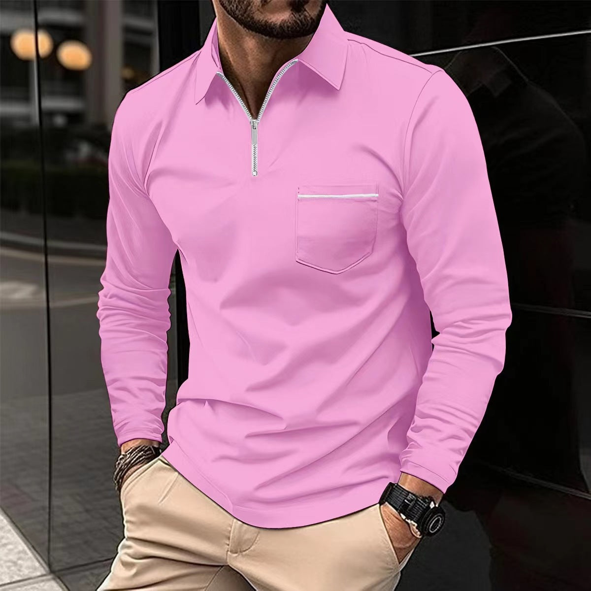 Street-wave Men's Zip Front Long Sleeve Shirt With Chest Pocket For Modern Casual And Formal Wear