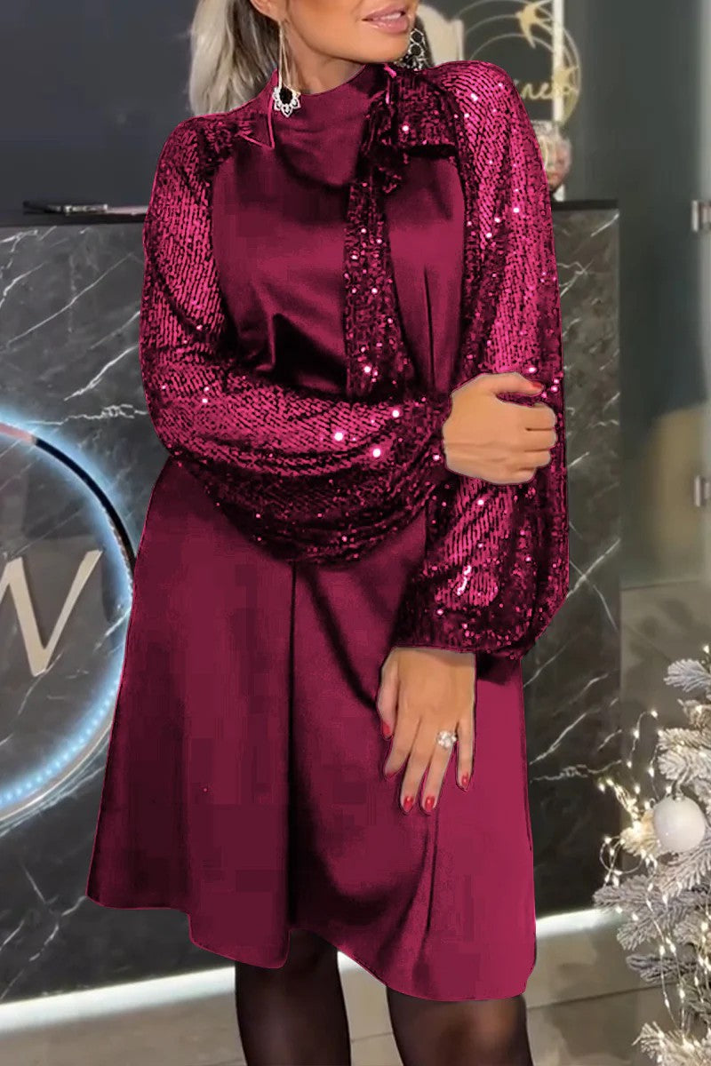 Street Wave Elegant Dress With Glitter Sleeves And Festive Collar For Women Evening Occasions Showstopping