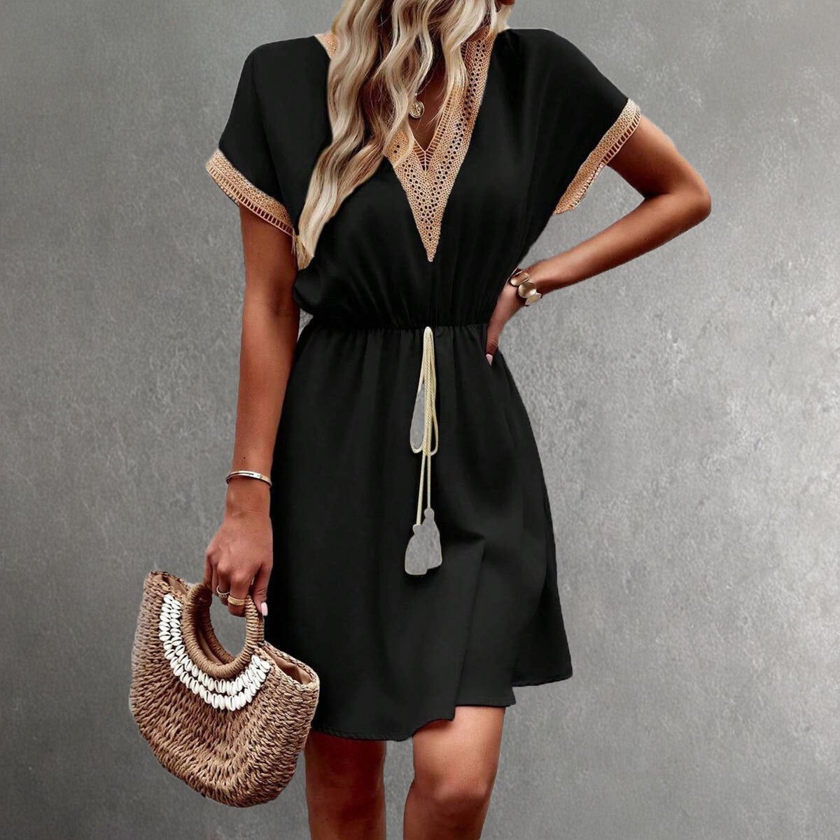 Street-Wave Women Mini Dress V-Neck Lace Trim Elastic Waist