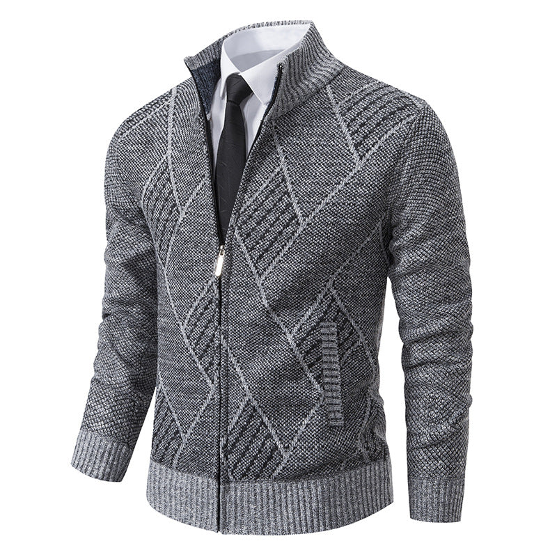 Street-wave Mens Knit Cardigan With Modern Diamond Pattern Zip Front Slim Fit Premium Look