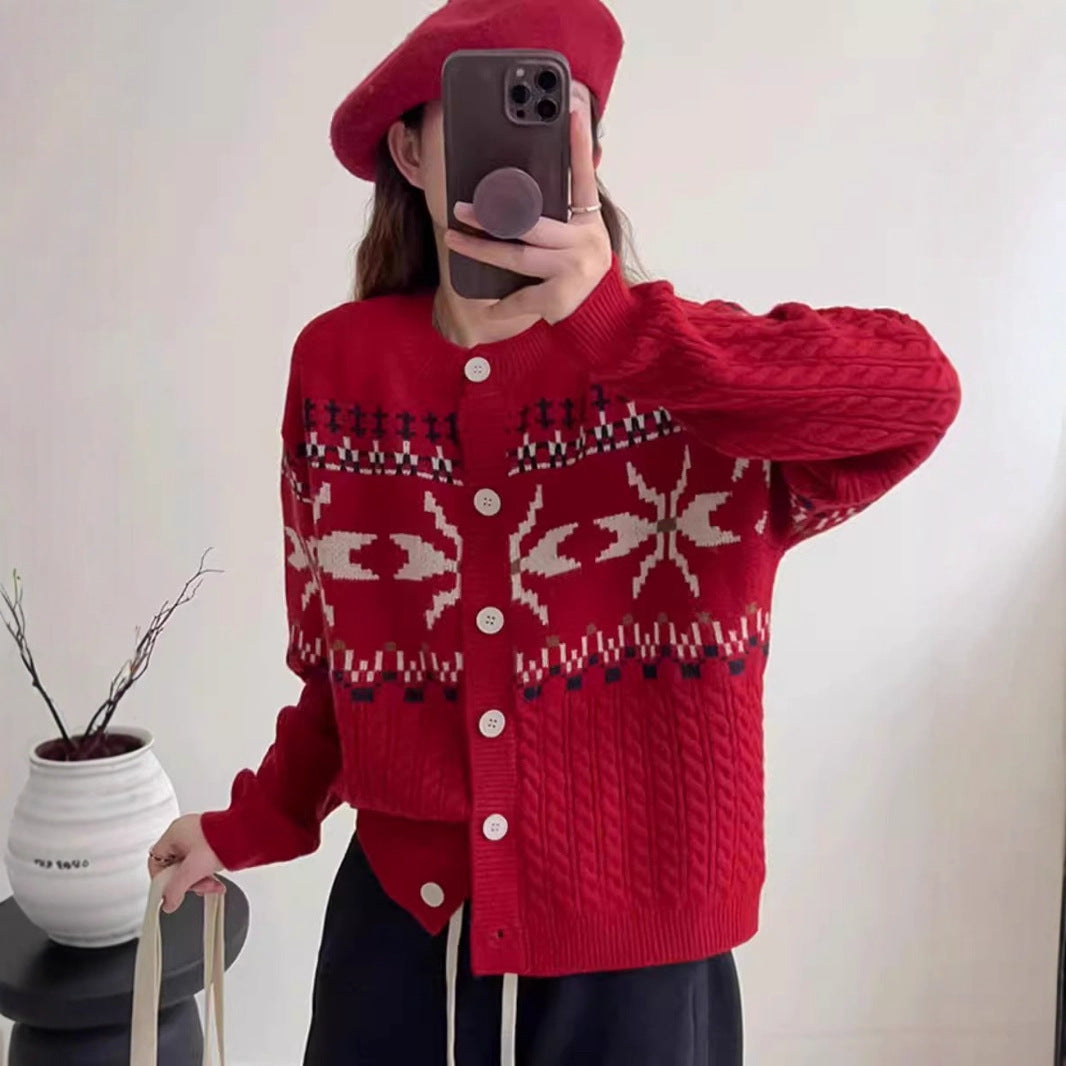 Street-wave Womens Knit Cardigan With Traditional Pattern And Large Buttons For Cozy Classic Style