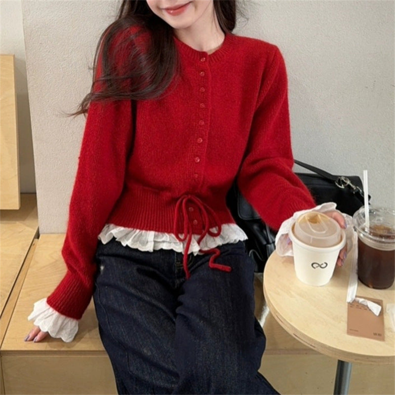 Street-Wave Women's Knit Cardigan With Ruffle Hem And Pearl Buttons, Elegant Chic Layer For Women