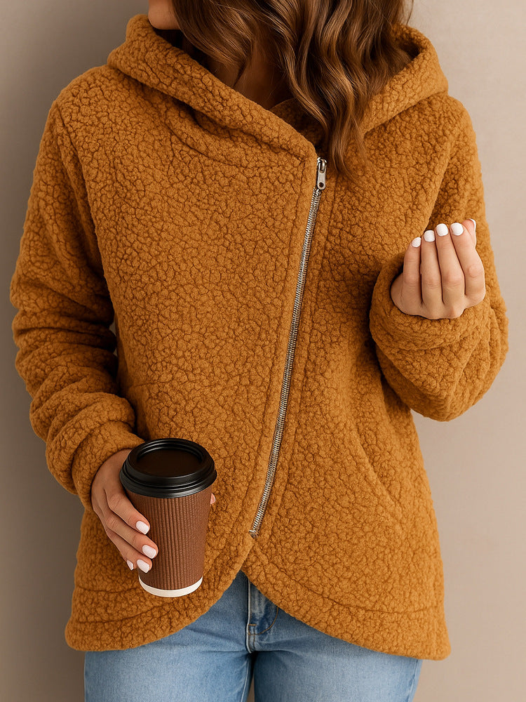 Street-wave Womens Fluffy Fleece Hoodie With Asymmetric Zip For Cozy Warmth Everyday Wear For Active Lifestyles