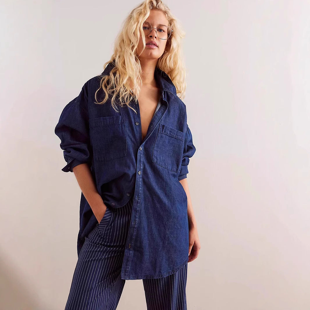 Street-wave Women's Oversized Denim Shirt With Patch Pockets Comfort Fit Everyday Streetwear