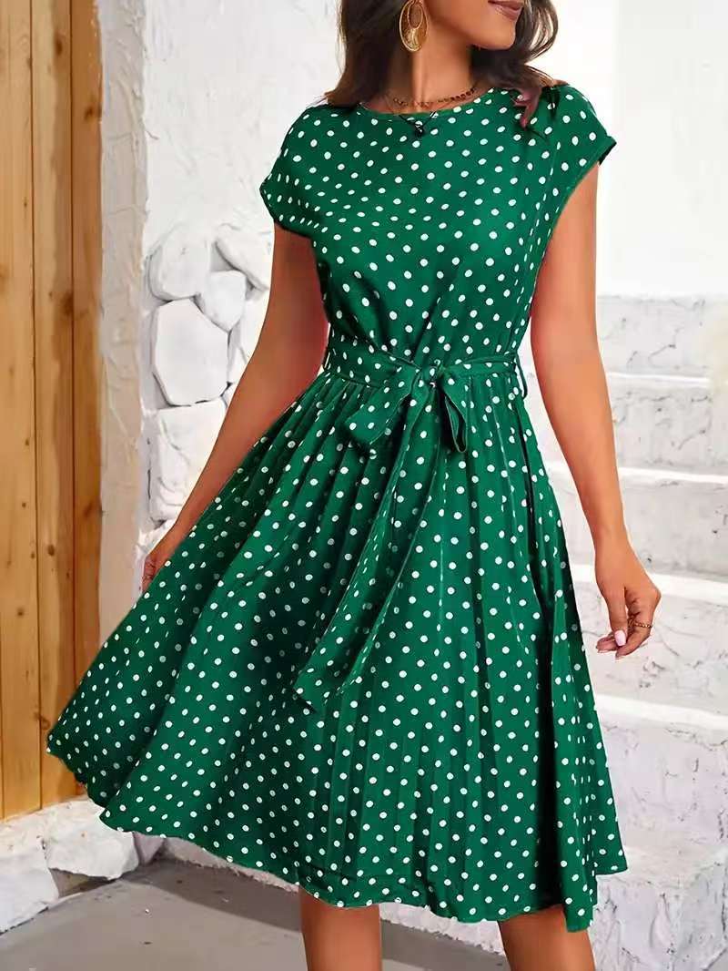 Polka Dot Midi Dress With Waist Tie Belt For Women Streetwave Chic Flattering Fit