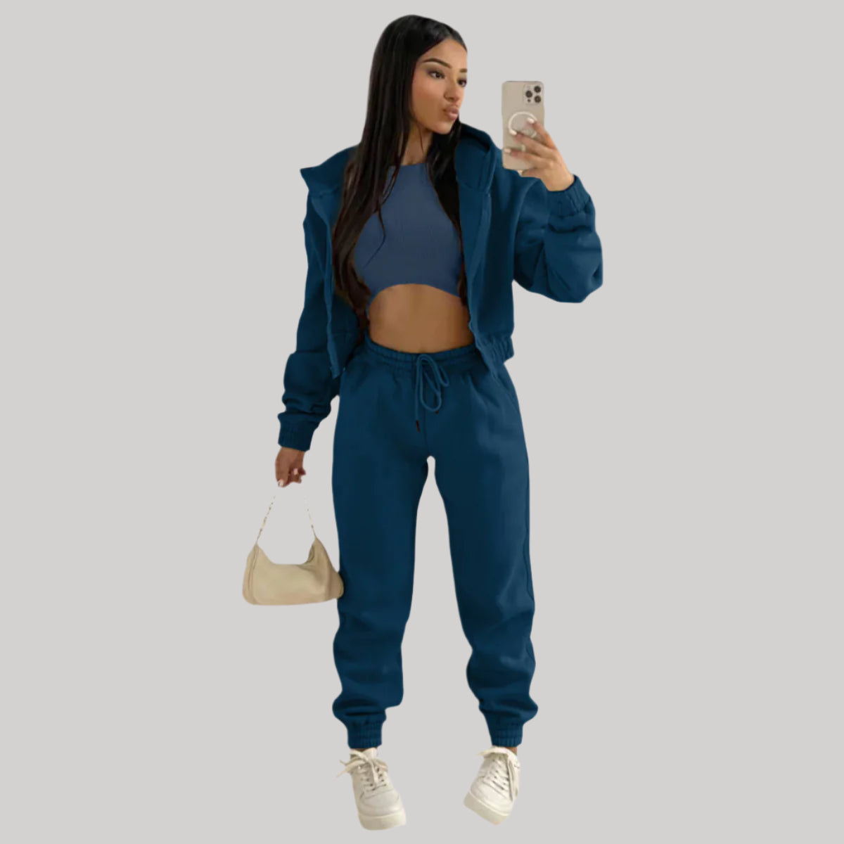 Street-wave Women Three-Piece Tracksuit Set With Cropped Ribbed Top Zip Hoodie And High-Waisted Joggers