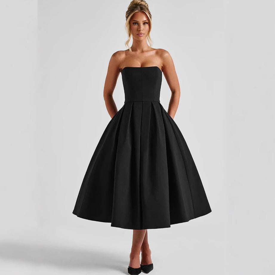 Street-wave Elegant Bandeau Midi Dress With Flared Skirt For Women Ideal For Evening Events