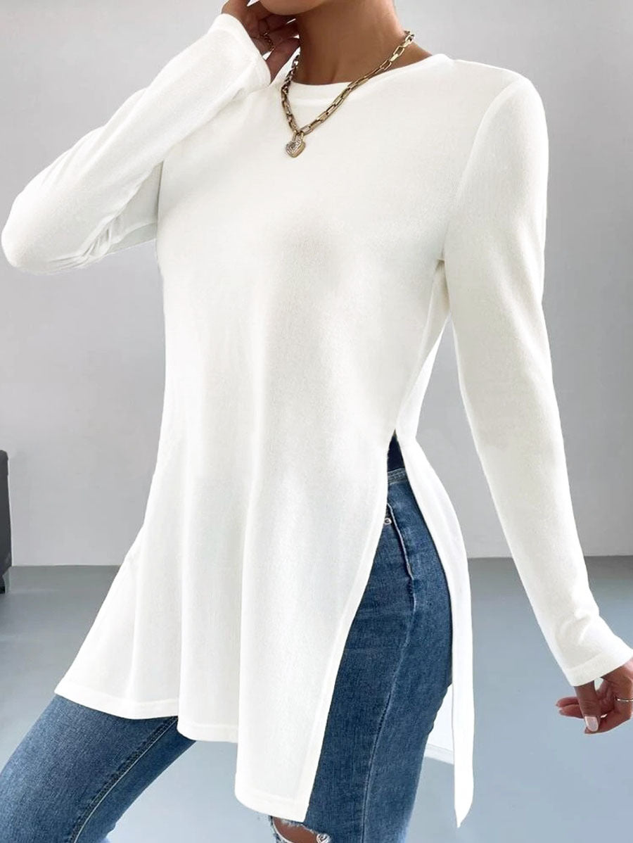Street-wave Women's Asymmetrical Long Sleeve Top With Side Slits Relaxed Fit Everyday Style