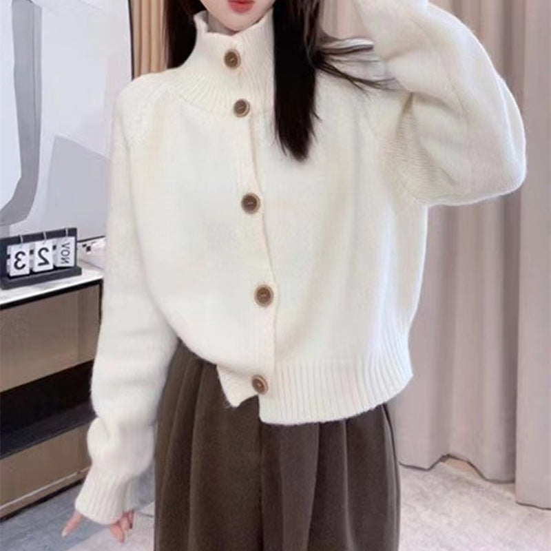 Street-wave Women's Cozy Cardigan With High Collar And Decorative Buttons Soft Knit Warmth For Fall