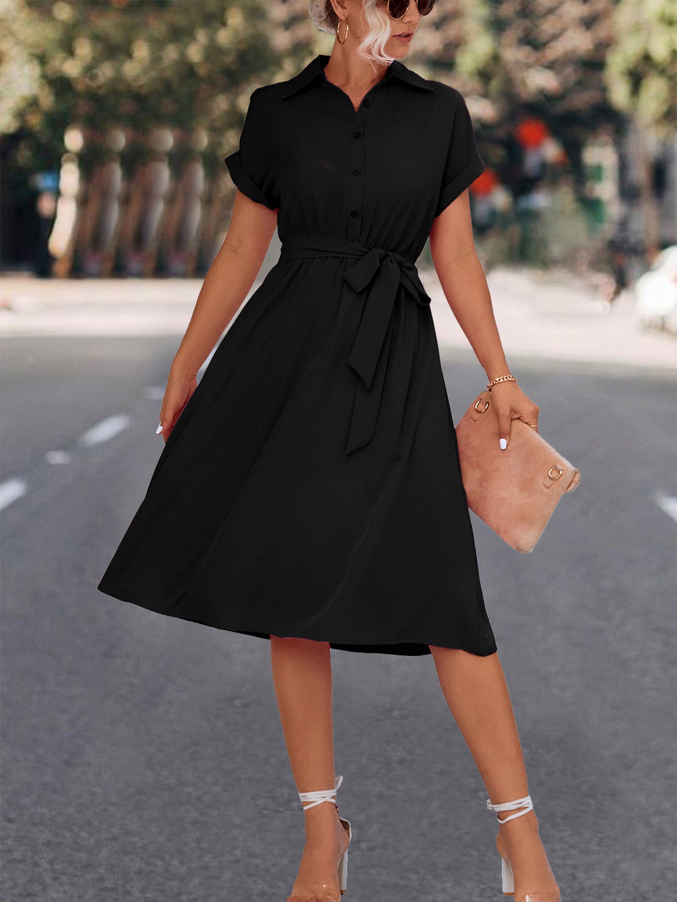 Street-wave Womens Knee Length Shirt Dress With Belt Flattering V-Neck Breathable Comfort