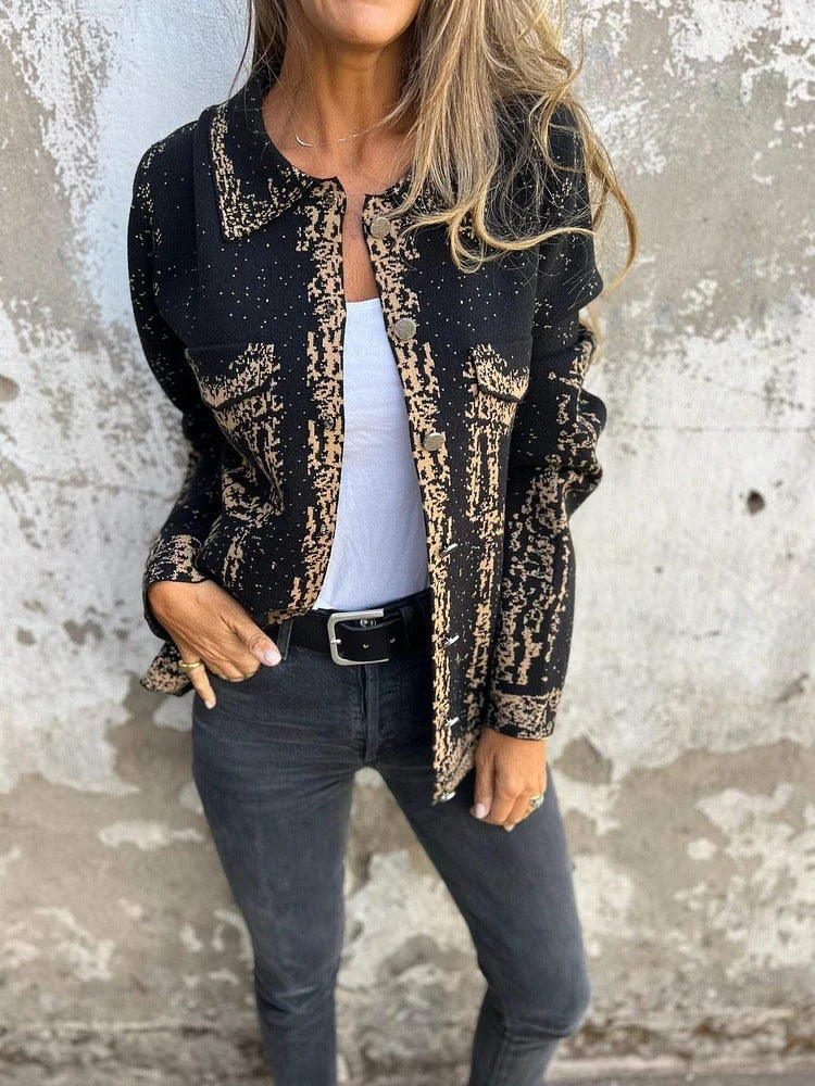 Streetwave Printed Knitted Revers Jacket With Metal Buttons For Modern Women And Everyday Comfort