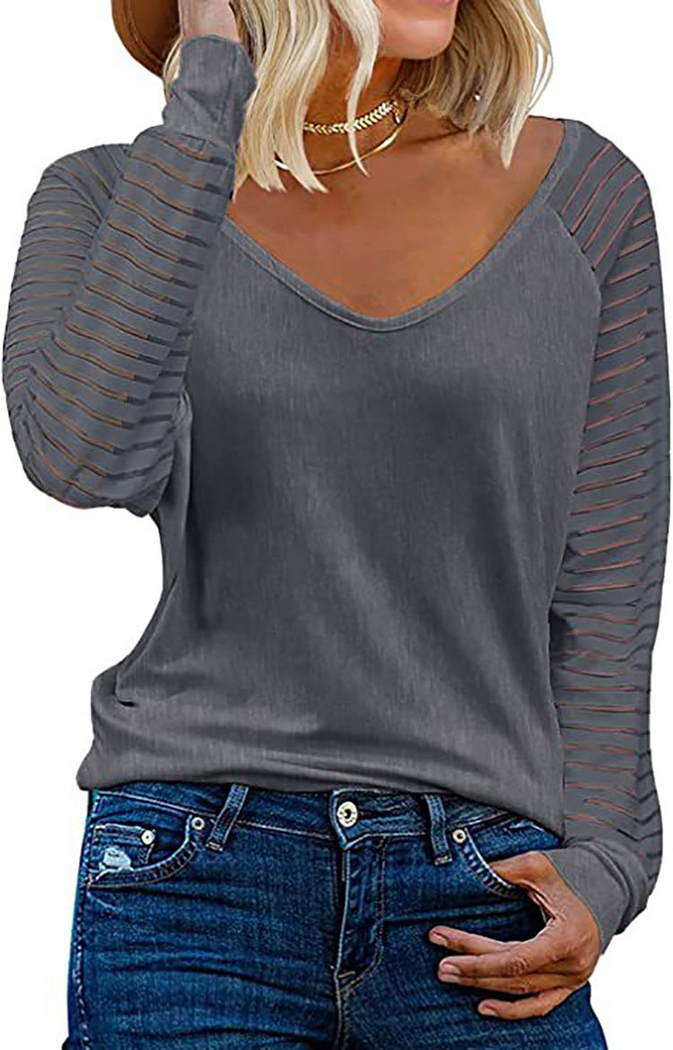 Street-wave Women V-Neck Long Sleeve Shirt With Striped Sleeves For Stylish Everyday Comfort