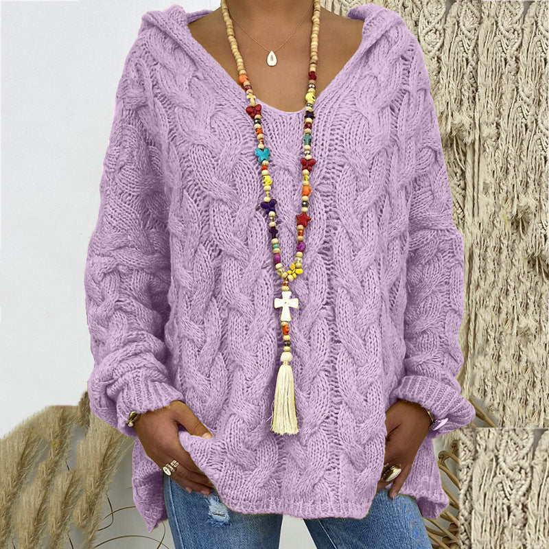 Street-wave Knitted Hoodie With V-Neck Cozy Cable Knit Sweatshirt For Women Elegant Casual Look