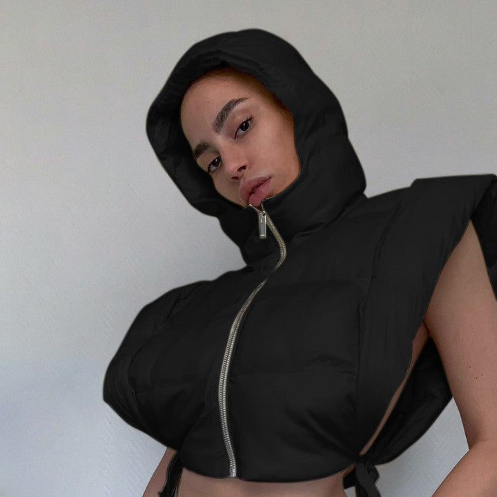 Street-wave Womens Cropped Puffer Hooded Jacket For Trendsetters Warm Cozy Urban Style