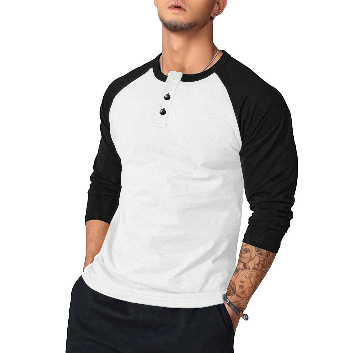 Street-Wave Mens Long Sleeve Henley Shirt With Contrast Sleeves Soft Cotton Comfort
