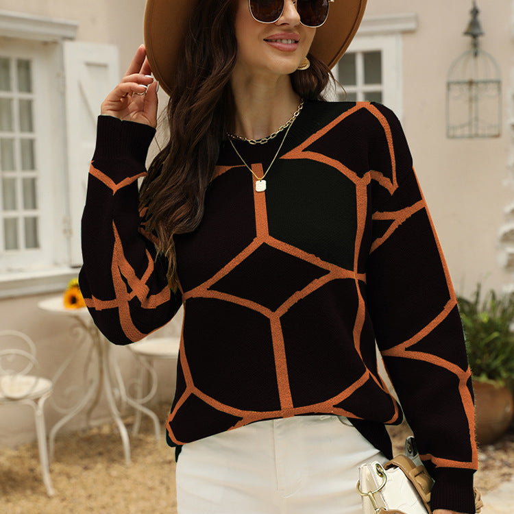 Street-Wave Women's Geometric Knit Sweater Soft Breathable Knit Relaxed Fit Effortless Layering
