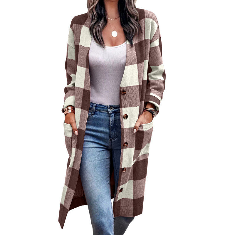 Street Wave Longline Plaid Cardigan With Pockets For Women Breathable Cozy Everyday Wear
