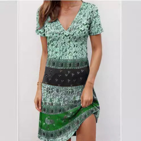 Street Wave Boho Patchwork Cotton Dress Deep V For Women
