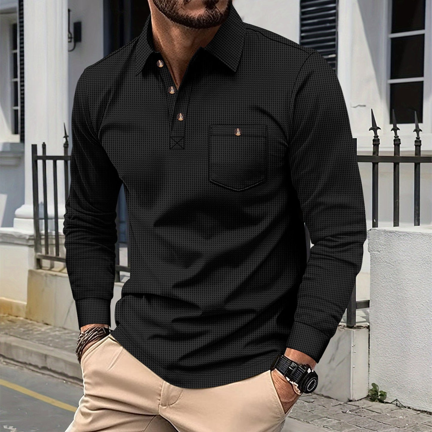 Street-Wave Mens Long Sleeve Polo Shirt Breathable Durable Fabric Versatile For Casual Or Formal Wear