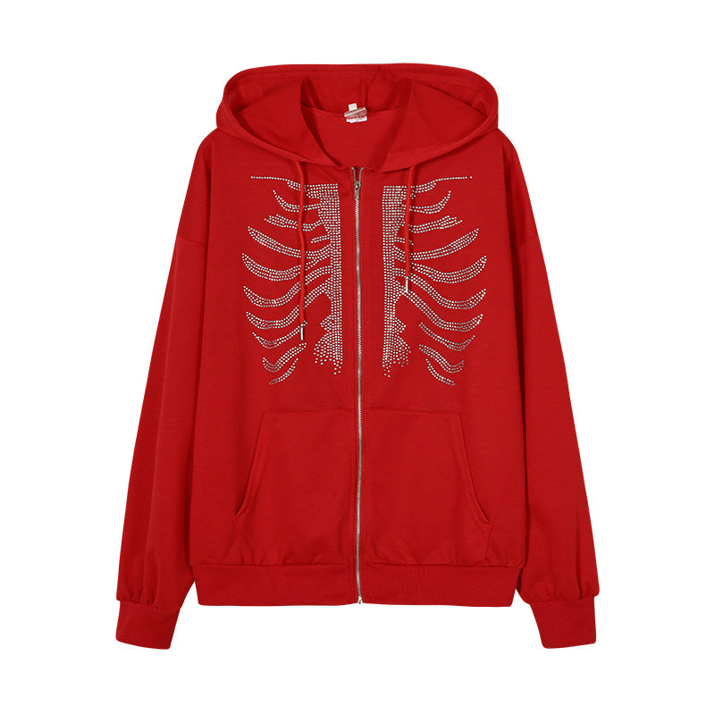 Street-Wave Women's Hoodie Featuring Sparkling Skeleton Design With Rhinestones For Edgy Streetwear Fans