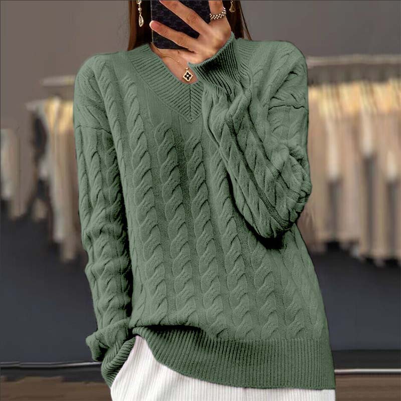 Street-wave Cable Knit Sweater for Women - Soft Warm Acrylic V-Neck Pullover, Cozy Everyday Essential