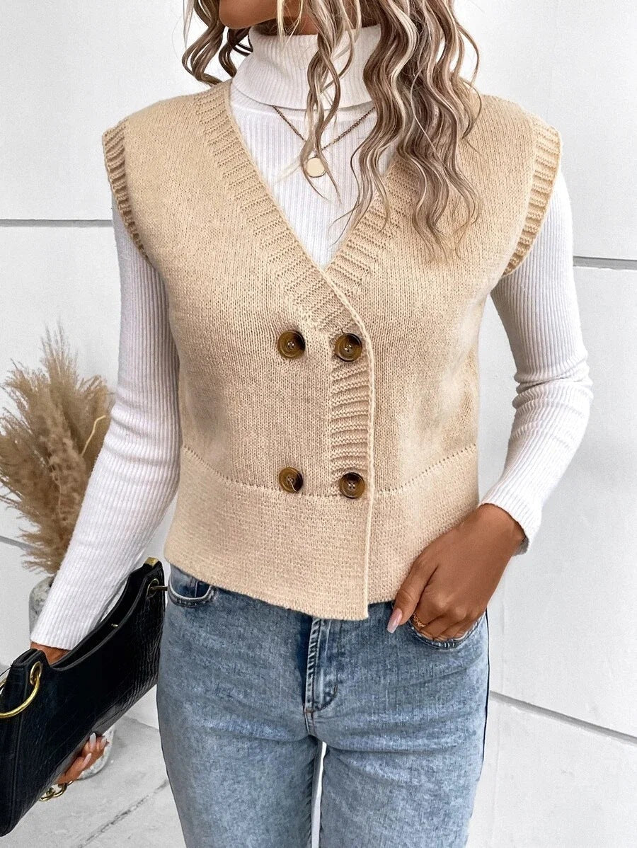 Street-Wave Women's Knit Vest With Double Button Placket And V-Neck For Layering