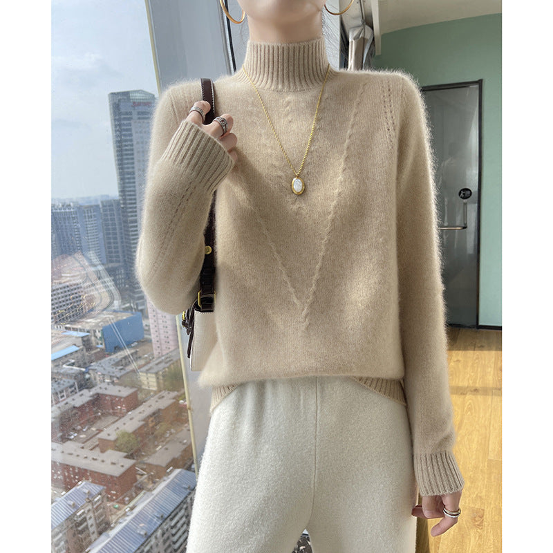Street-wave Women's Soft Knit Sweater With High Neck And V-Design Cozy Premium Wool