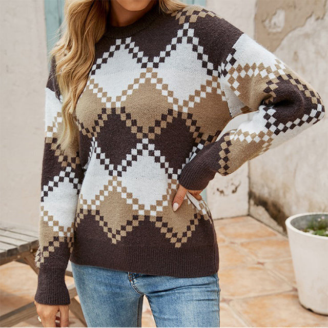 Street-Wave Vintage Argyle Knit Sweater For Women All-Season Cotton Blend Cozy Warmth Long Sleeve Round Neck