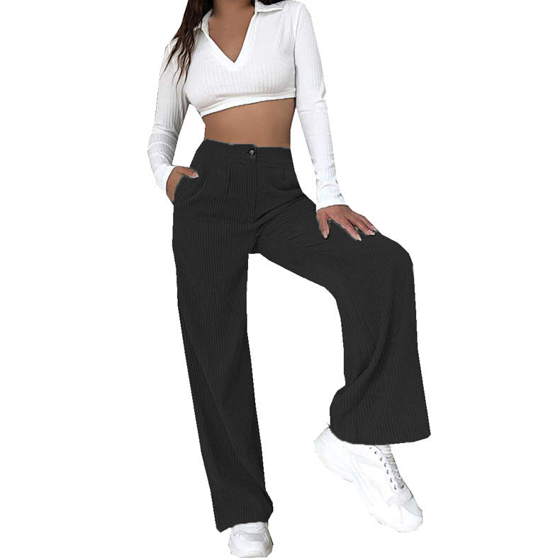 Corduroy Wide-Leg Pants Street-wave High-Waist For Women