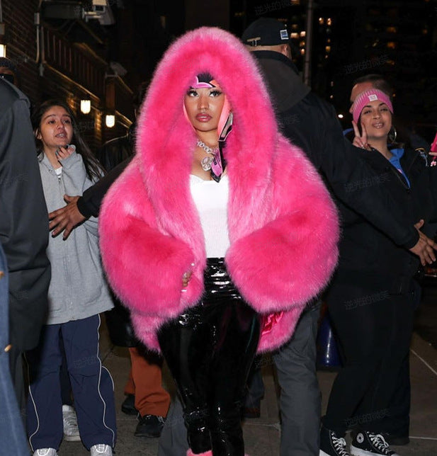 Street-wave Oversized Faux Fur Jacket With Hood For Women Luxurious Cozy Streetwear